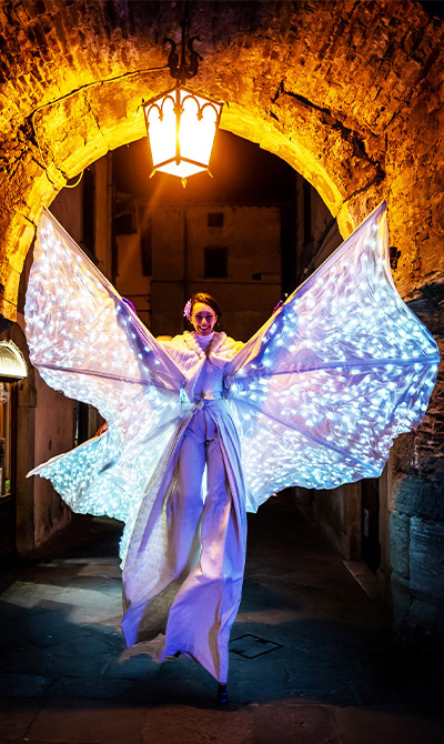 Spettacolo di Farfalle Luminose per matrimoni ed eventi aziendali. Show e esibizione itinerante per notti bianche, feste di paese, festival con luci led di farfalle e trampolieri