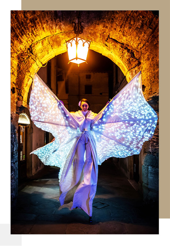 spettacolo itinerante con farfalla luminosa a led per feste di paese, notti bianche